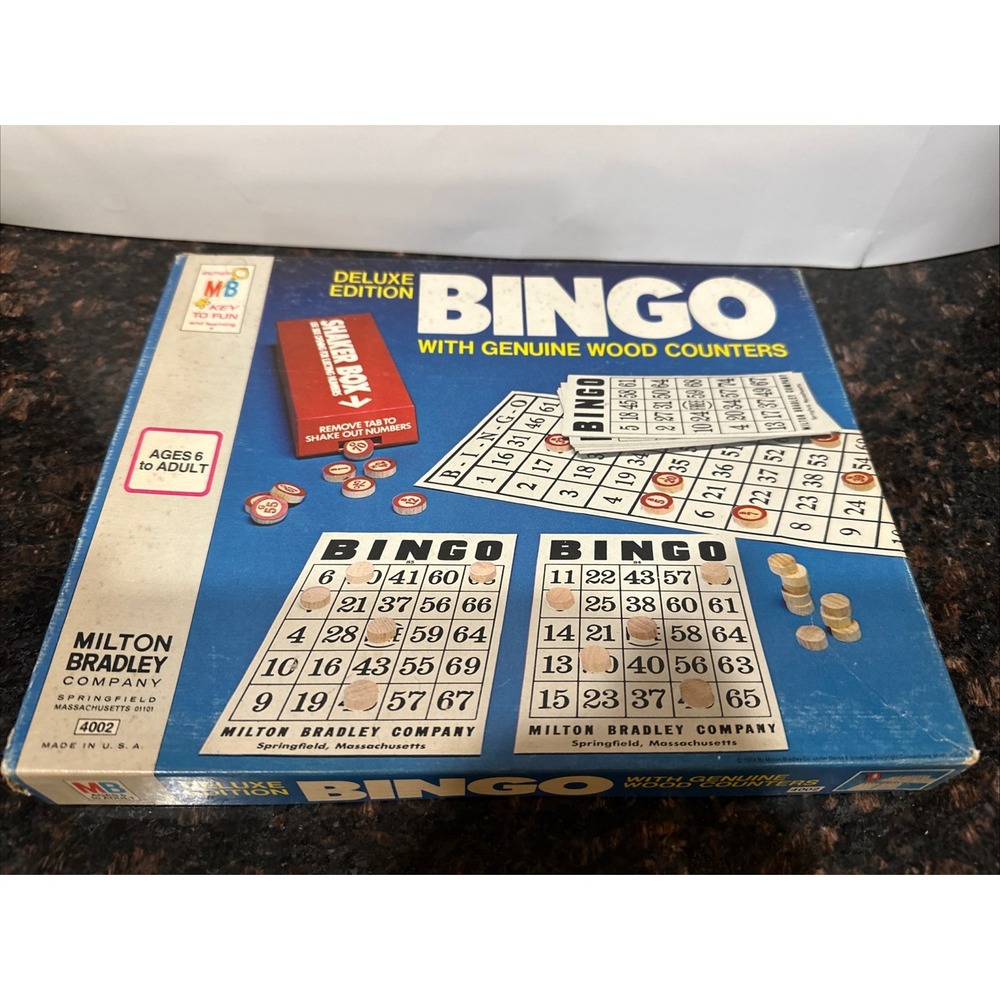 Vintage Milton Bradley BINGO 4002 Deluxe Edition Cards Wood Numbers Shaker Box